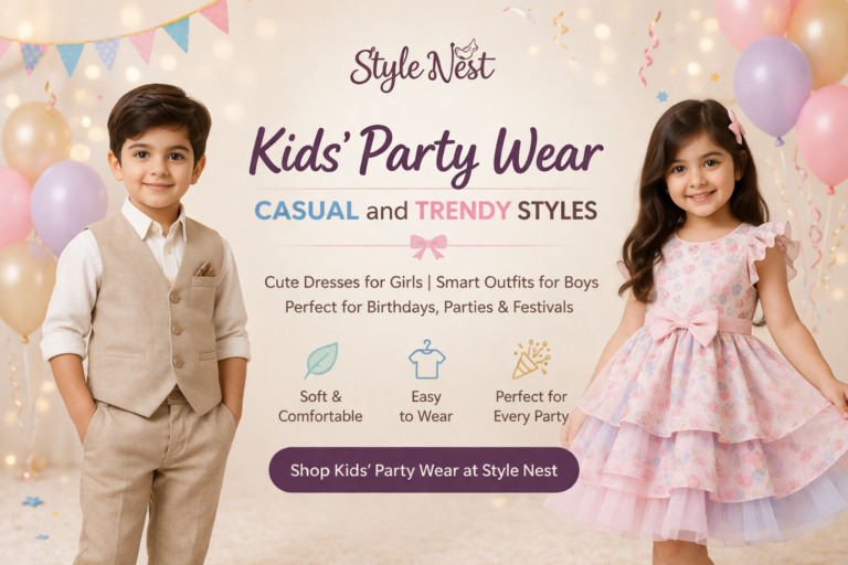 Kids' party wear banner with a boy in a beige suit and a girl in a pink floral dress: casual and trendy styles for birthdays and festivals at Style Nest.