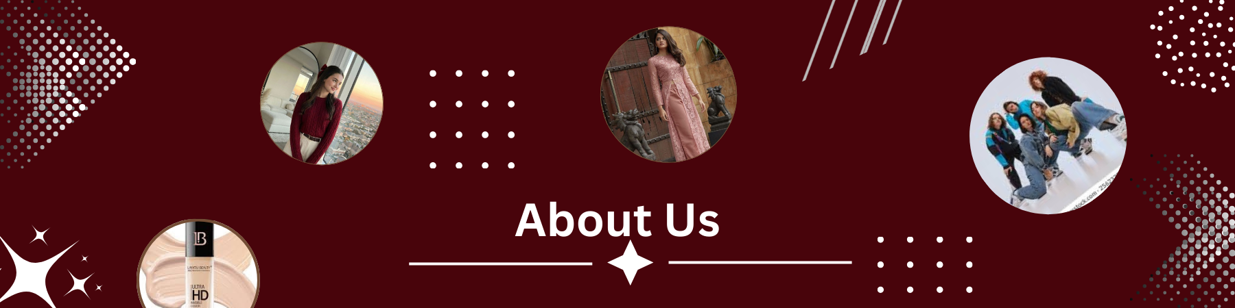About us: a fashion banner with stylish women's outfits and brand story design in a modern layout.