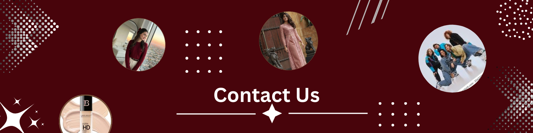 Contact us banner for a fashion brand with stylish outfit images and modern design