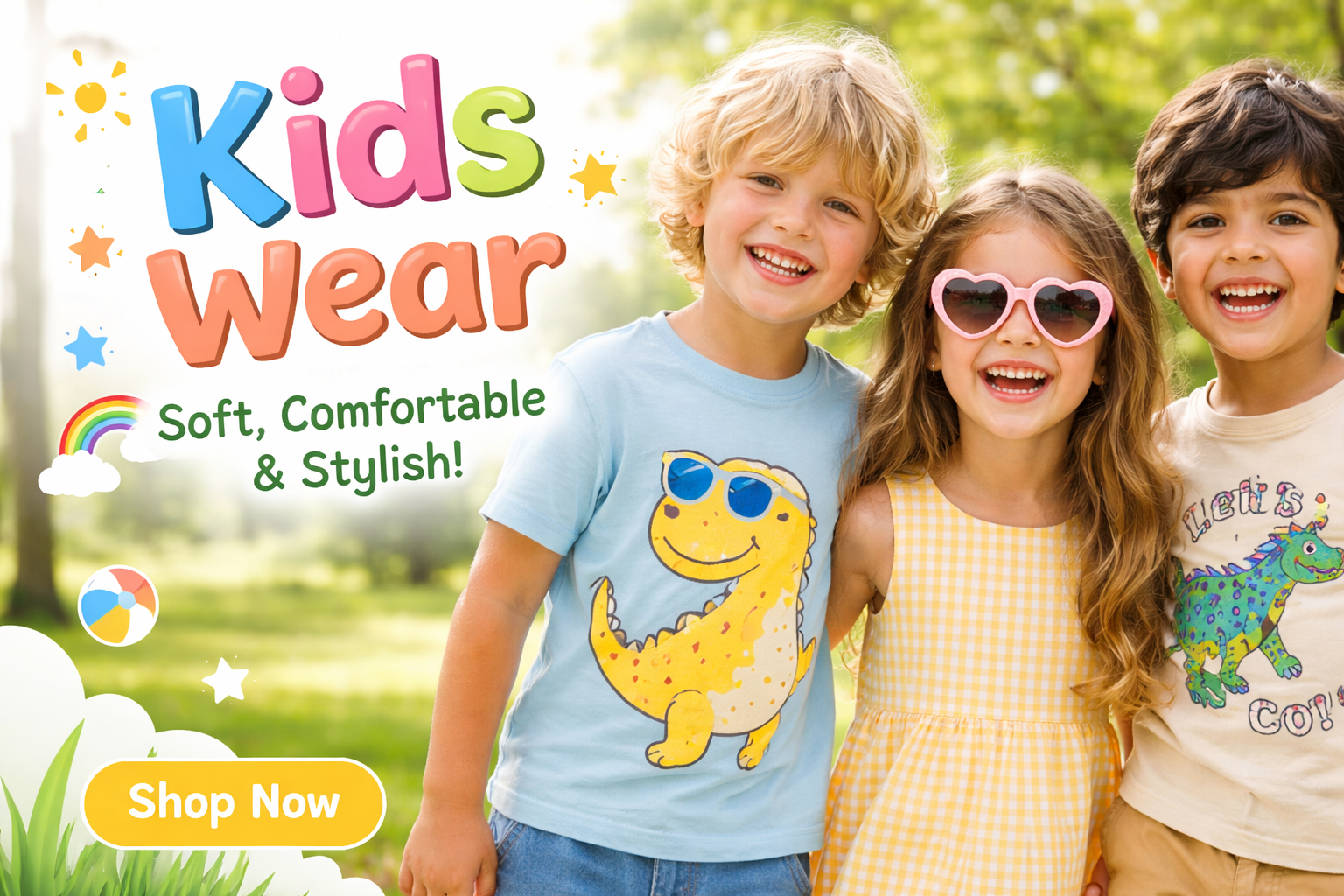 Kids wear banner with happy children in colorful outfits and a 'Shop Now' button.