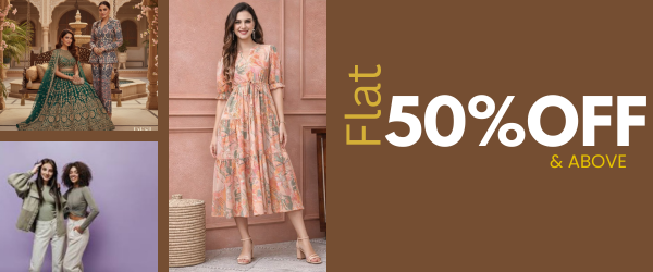 Women wearing stylish ethnic and casual outfits with flat 50% off sale banner on trendy fashion collection