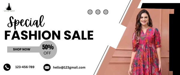 Style Nest special fashion sale banner with a woman wearing a trendy red dress and a 50-cent discount offer on stylish women's clothing online