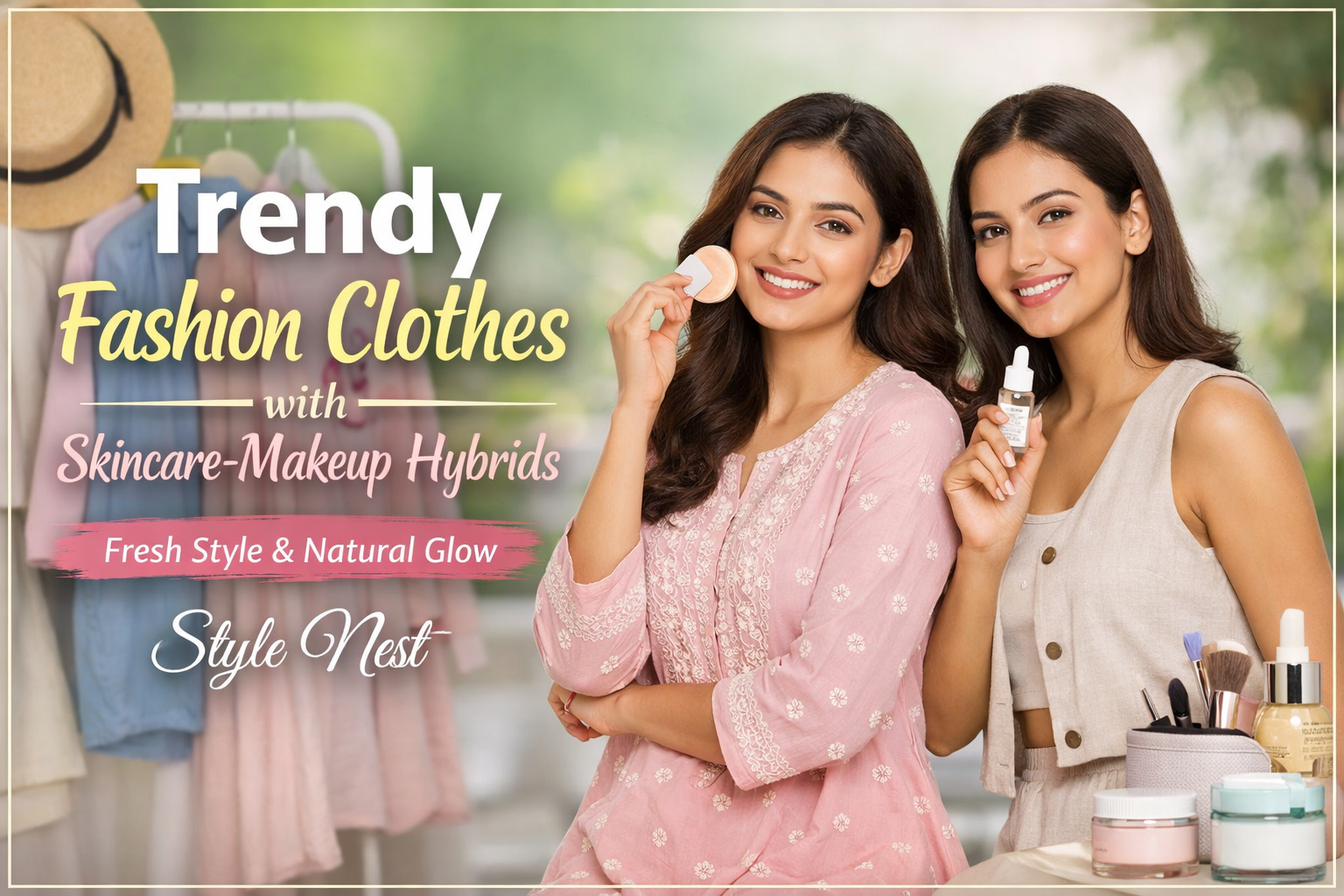 Skincare product: Two women in trendy fashion clothes are using skincare product makeup hybrids, promoting fresh style and natural glow with Style Nest fashion.