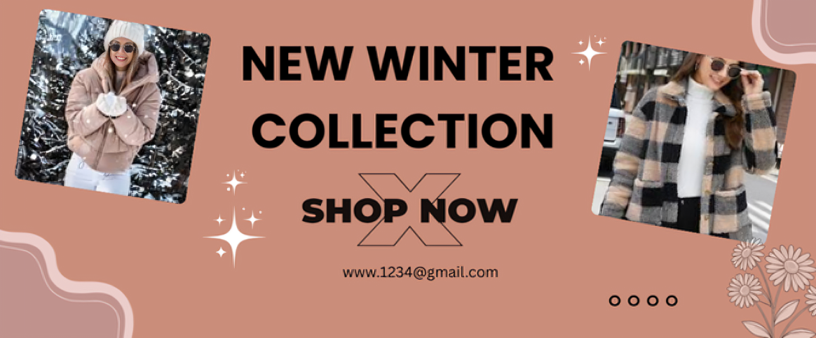 Two women in a beige puffer jacket & plaid shacket text 'New Winter Collection – Shop Now' on a terracotta background.