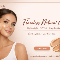 Woman applying lightweight liquid foundation for a flawless, natural glow with SPF 30