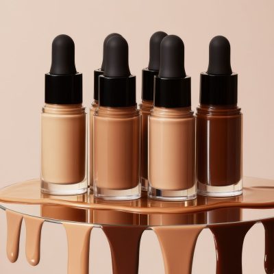 Colour concealer bottles in multiple shades on a glossy stand with a shop now button.