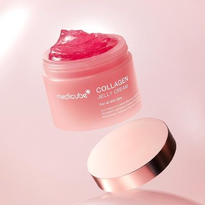 Collagen jelly gel cream in a pink jar for hydrated and glowing skin