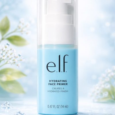 Pore-Filling Primer Hydrated Finish in a clear pump bottle with green leaves, blue label on white background