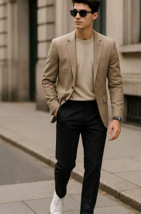 Man wearing a stylish beige blazer with black pants and sneakers in a smart casual street-style look